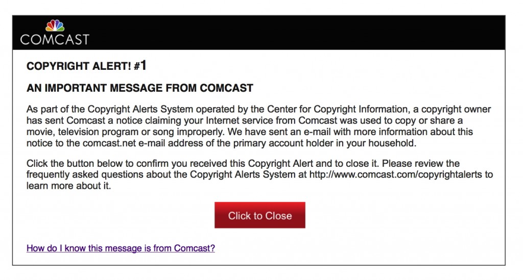 Copyright Alert System message as part of the Six Strikes plan
