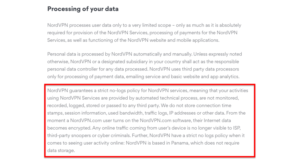 Nord VPN Privacy policy