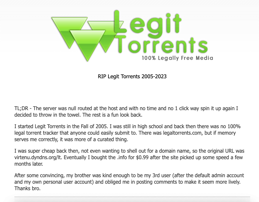Legit Torrents letter.