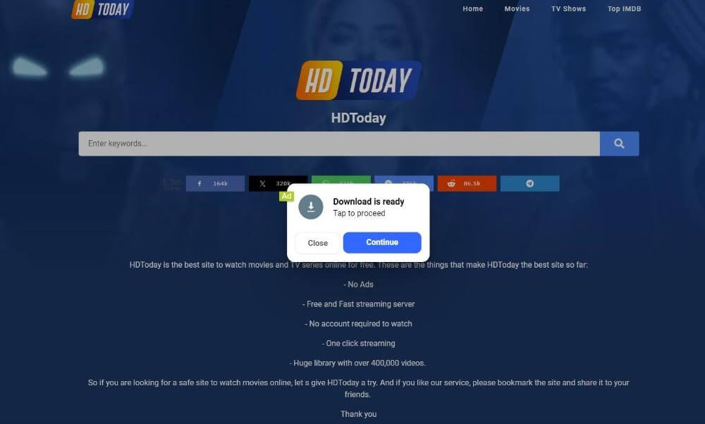 Pop-ups are security risks when streaming on Hdtvtoday. (Source: HD Today)